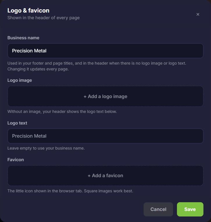 Logo and favicon dialog with Business name, Logo image, Logo text and Favicon fields