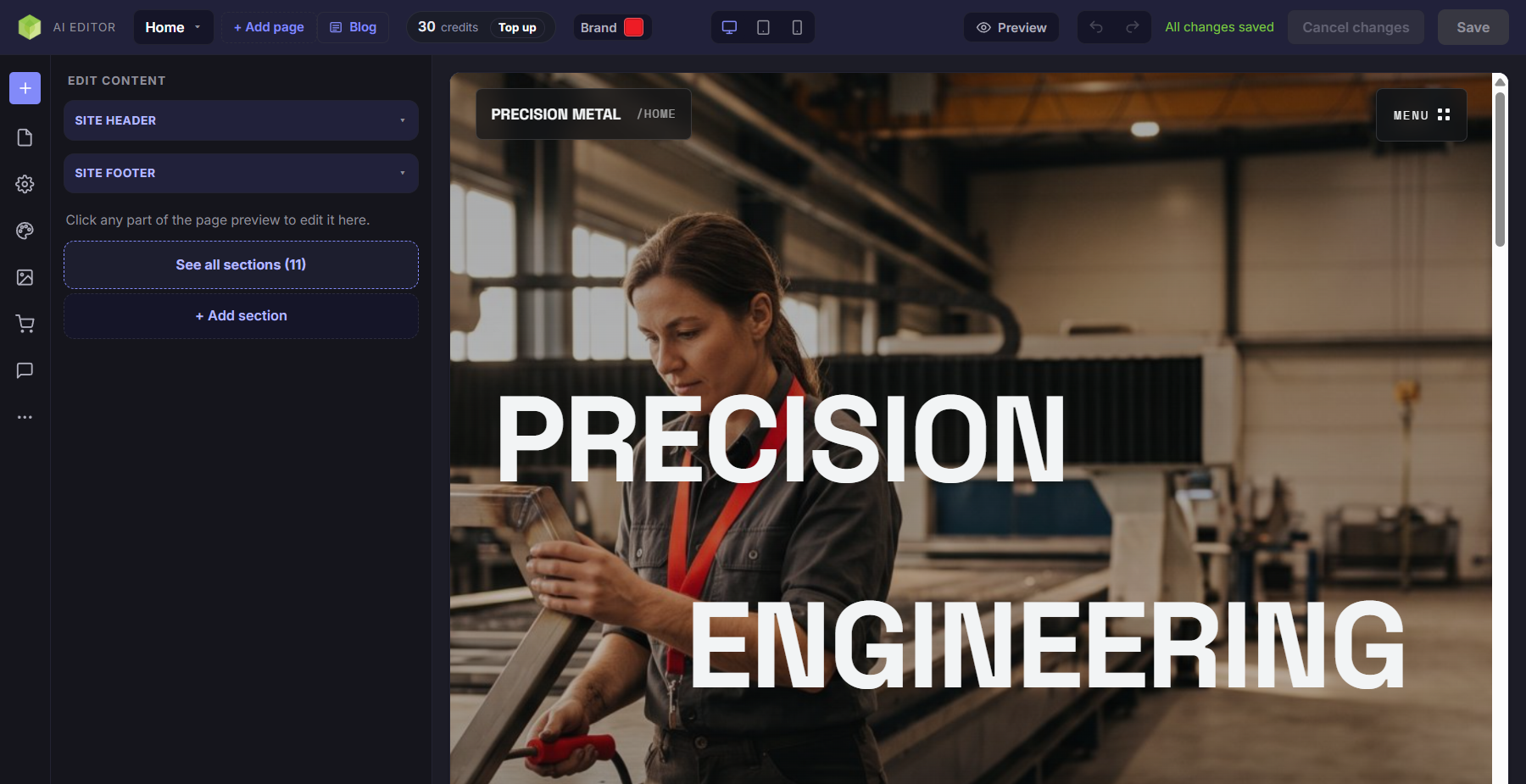 AI site editor showing its top bar, editing controls on the left and the page preview