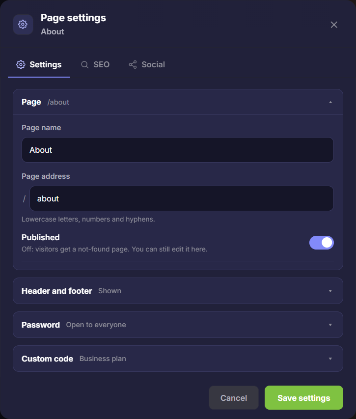 Page settings dialog showing the About page name, address, Published switch and Save button