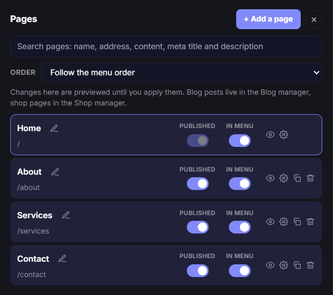 Pages panel showing Home, About, Services and Contact with published, menu, rename, settings, duplicate and delete controls