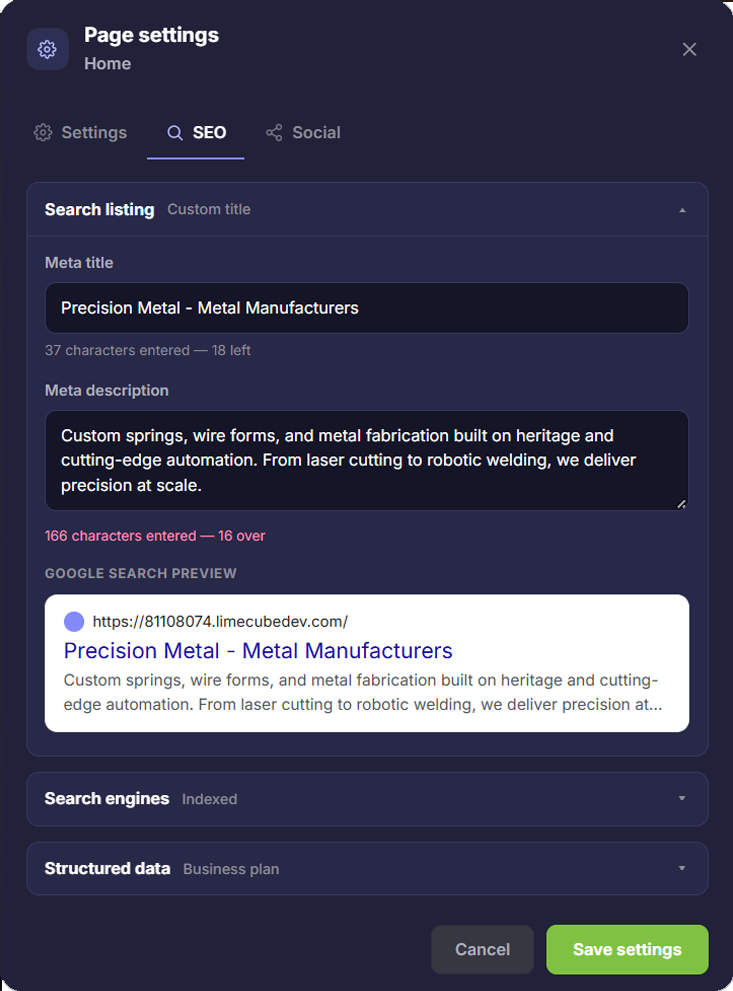 Page settings showing meta title, meta description, a Google search preview, Search engines and Structured data